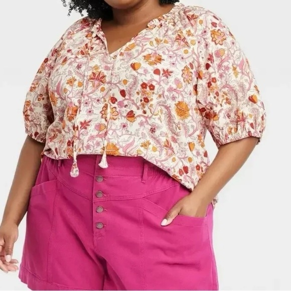 Knox Rose Women's Boho floral baby doll Short Sleeve top tassels Magenta Pink 2X - Picture 1 of 9